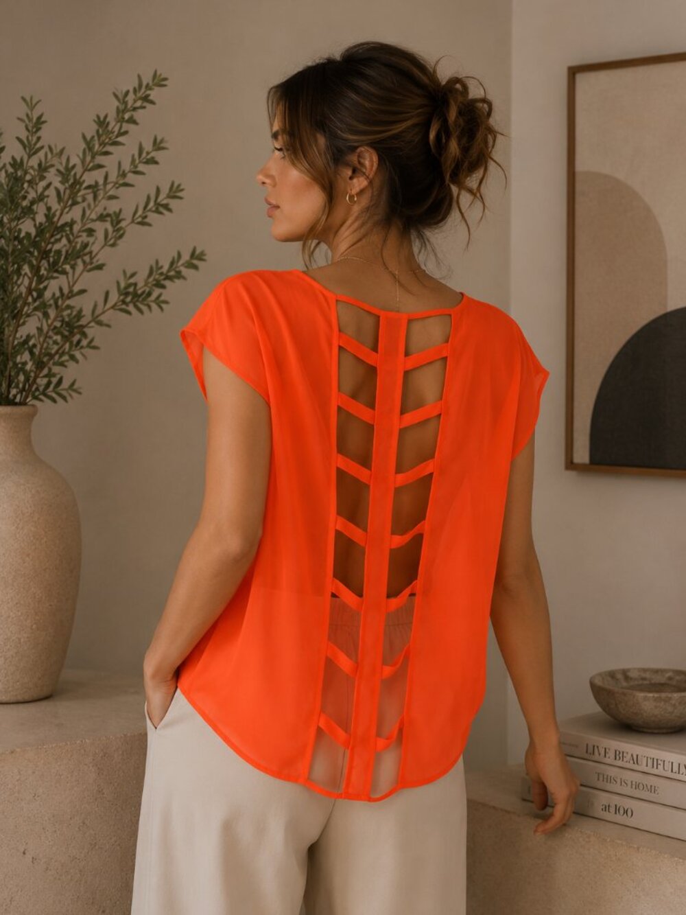 Lush Sheer Neon Orange Short Sleeve Blouse | Size Small